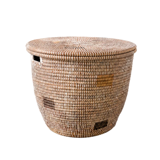 Minimalist White Round Basket with Gray Squares