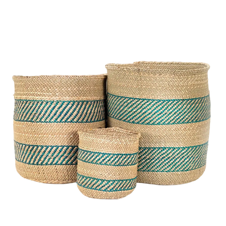 African Iringa woven basket with Turquoise Stripe