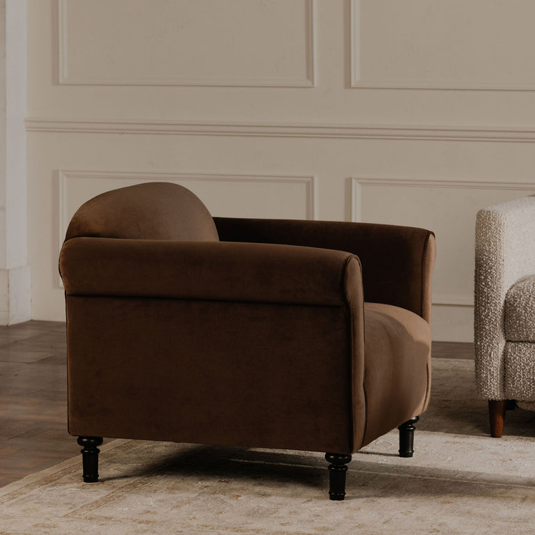HARMONY ACCENT CHAIR DARK BROWN FAUX MOHAIR