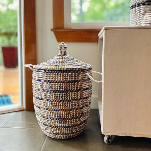 Striped White + Navy Medium Basket | BASKETS