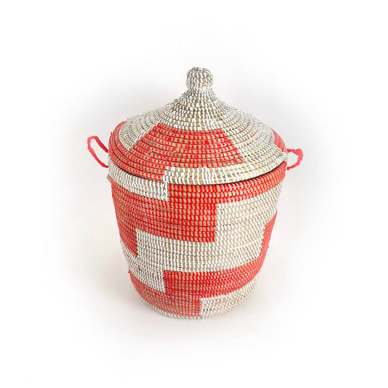 Red and White Stripe Woven Basket - Medium
