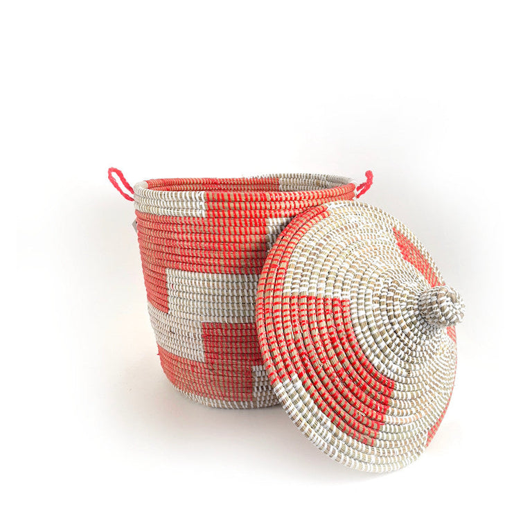 Red and White Stripe Woven Basket - Medium