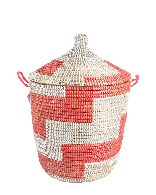 Red and White Stripe Woven Basket - Medium