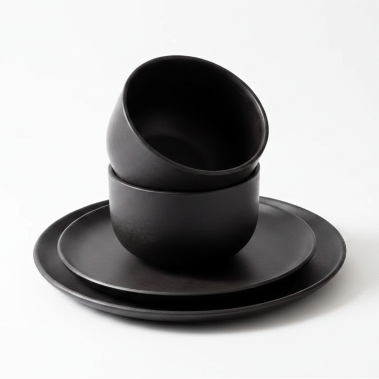 Tunisian 12pc Dinnerware set - Dinner Plate, Side Plate + Bowl - Matte Black