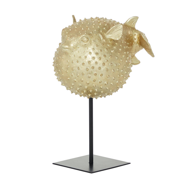 BLOWFISH GOLD POLYRESIN SPIKED DECORATIVE SCULPTURE WITH STAND | FIGURINE