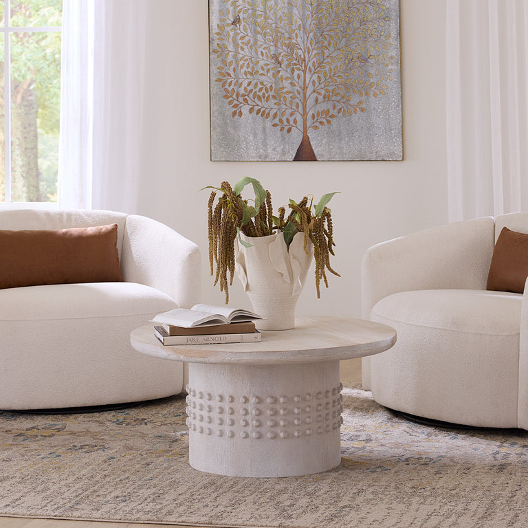 STUDDED COFFEE TABLE, WHITE WASHED WOOD