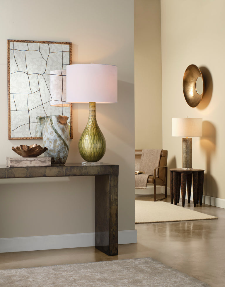 SERPENTINE TABLE LAMP, CHARTREUSE ETCHED GLASS
