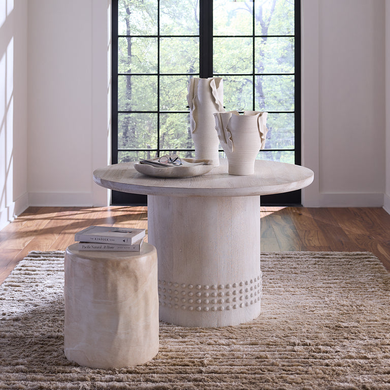 STUDDED BISTRO DINING TABLE, WHITE WASHED WOOD