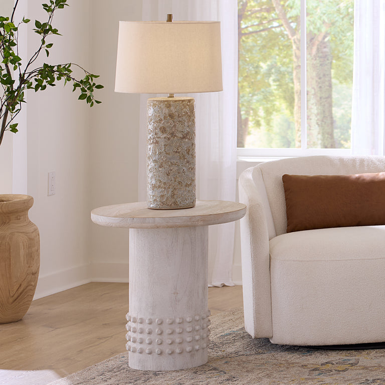 STUDDED SIDE TABLE, WHITE WASHED WOOD
