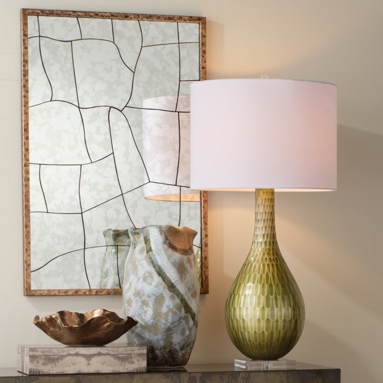 SERPENTINE TABLE LAMP, CHARTREUSE ETCHED GLASS