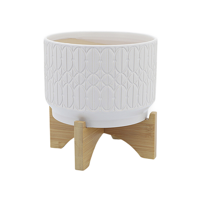 WHITE DECO EMBOSSED PLANTER & STAND | FLORA