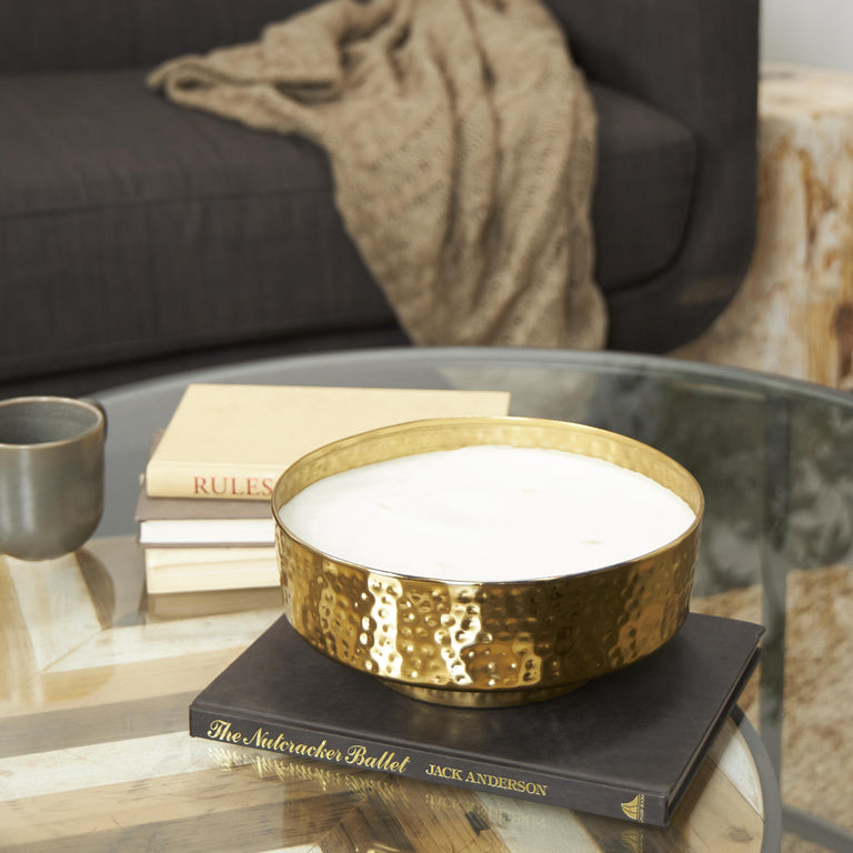 GOLD METAL EGYPTIAN MINT SCENTED WIDE HAMMERED 70 OZ 4 WICK DECORATIVE CANDLE WITH WHITE WAX | OBJECTS