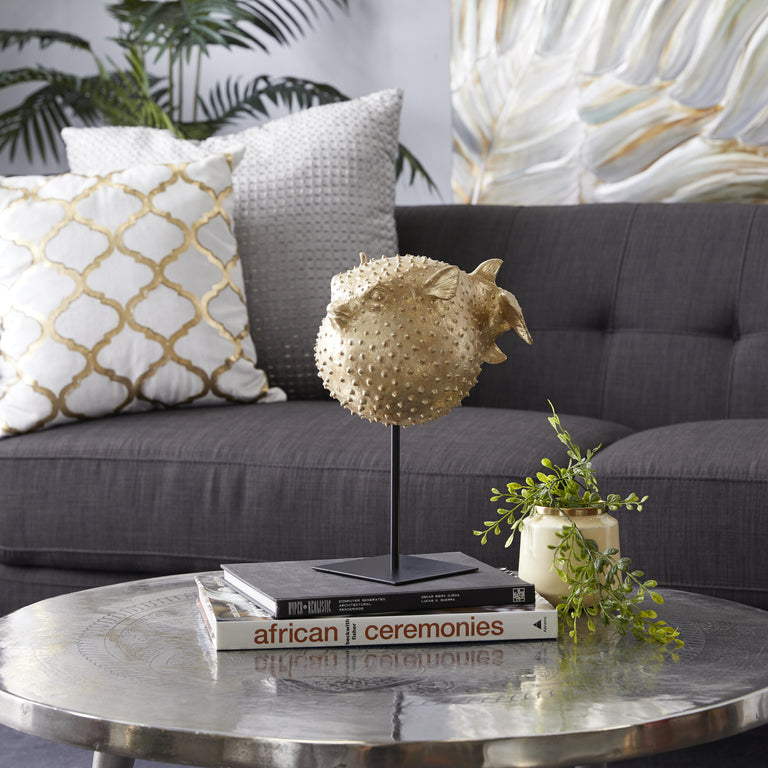 BLOWFISH GOLD POLYRESIN SPIKED DECORATIVE SCULPTURE WITH STAND | FIGURINE