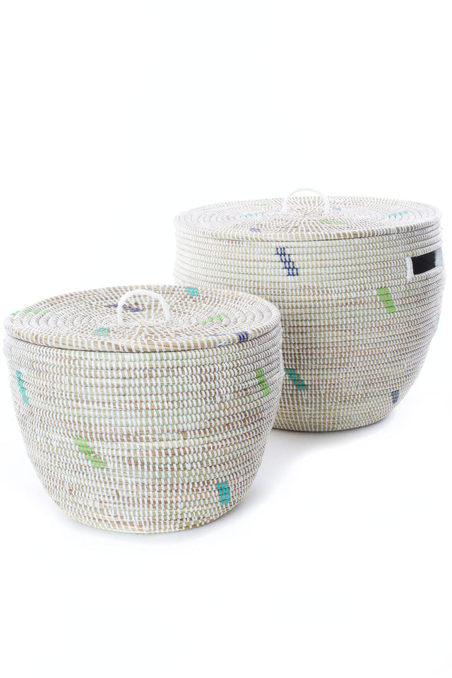 SET OF TWO GREEN AND BLUE DASH NESTING BASKETS WITH LIDS