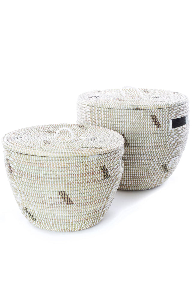 SET OF TWO BLACK, BROWN AND SILVER DASH NESTING BASKETS WITH LIDS