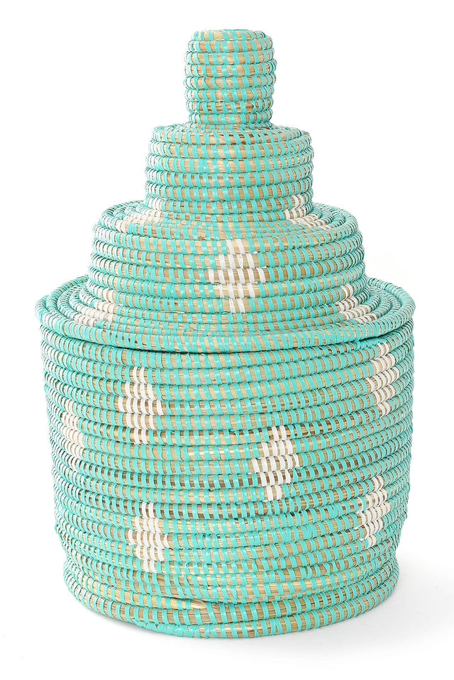 LARGE AQUA AND WHITE LIDDED TOWER BASKET