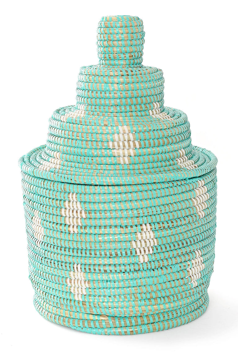 LARGE AQUA AND WHITE LIDDED TOWER BASKET
