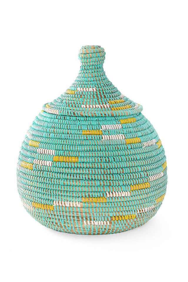 AQUA, WHITE & YELLOW LIDDED GOURD BASKET