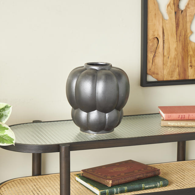 BLACK CERAMIC WIDE BUBBLE INSPIRED DECORATIVE VASE WITH DISTRESSED SPECKLED TEXTURING | VASES
