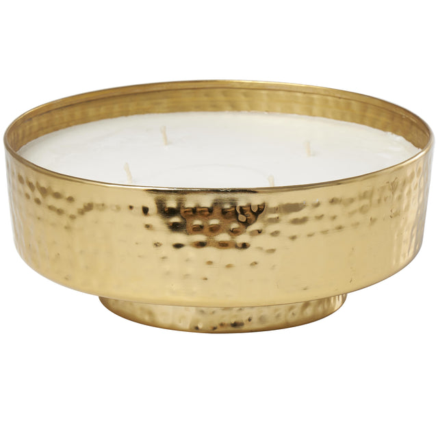 GOLD METAL EGYPTIAN MINT SCENTED WIDE HAMMERED 70 OZ 4 WICK DECORATIVE CANDLE WITH WHITE WAX | OBJECTS