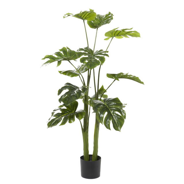 MONSTERA GREEN FAUX FOLIAGE INDOOR OUTDOOR ARTIFICIAL PLANT WITH REALISTIC LEAVES AND BLACK PLASTIC POT | FLORA