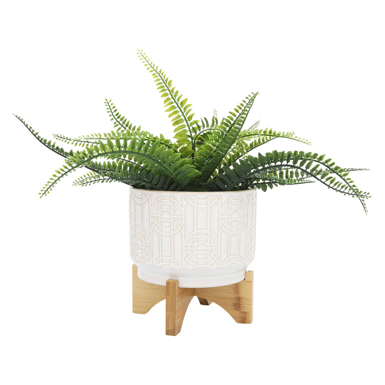 WHITE GEO LINES & CIRCLES PLANTER W/STAND