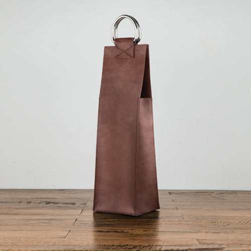 BROWN FAUX LEATHER SINGLE-BOTTLE WINE TOTE