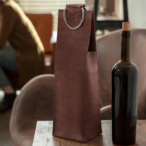 BROWN FAUX LEATHER SINGLE-BOTTLE WINE TOTE