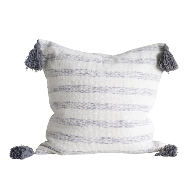WHITE STRIPED COTTON PILLOW WITH TASSELS | PILLOWS
