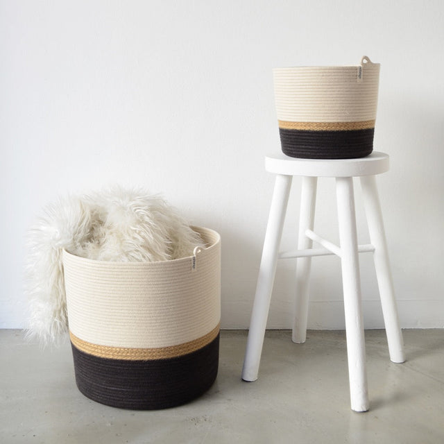 JUTE & BLACK COTTON CYLINDER BASKET from SOUTH AFRICA 