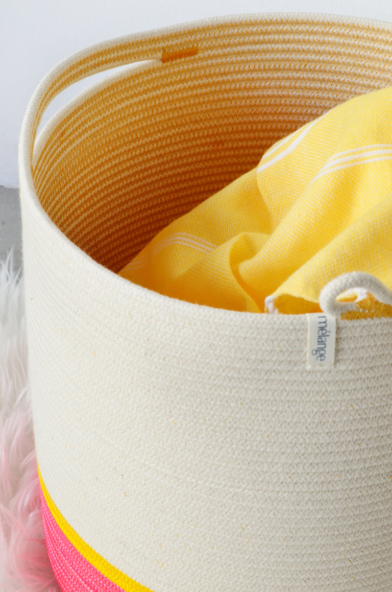 PINK & YELLOW COTTON HANDLE CYLINDER BASKET