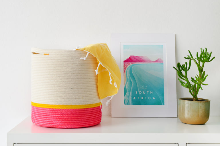 PINK & YELLOW COTTON HANDLE CYLINDER BASKET