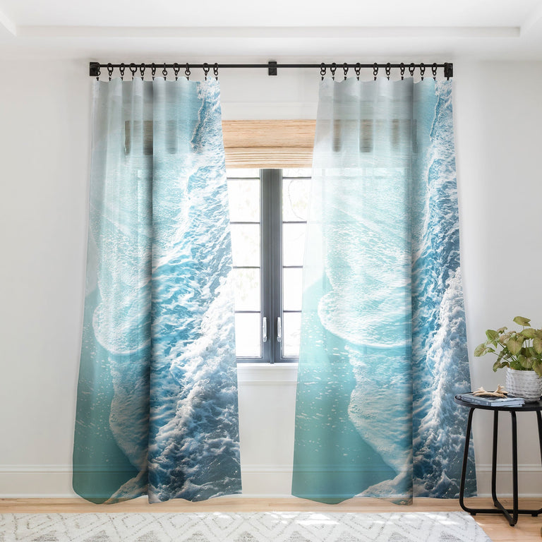 SOFT TURQUOISE OCEAN DREAM WAVES SHEER NON REPEAT WINDOW CURTAIN