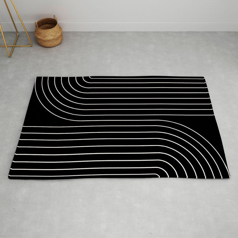 Minimal Line Curvature Black Area Rug