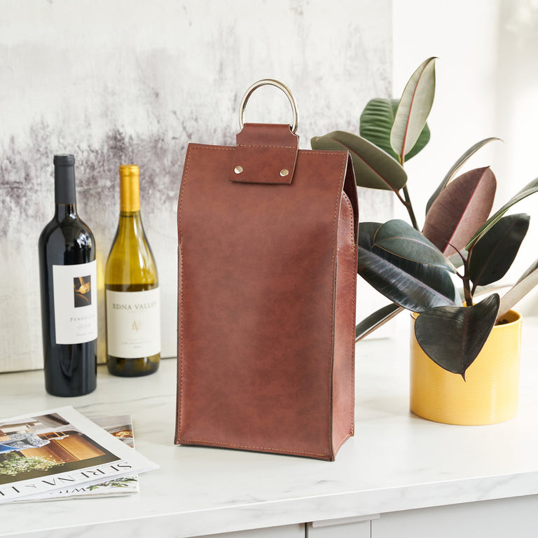 BROWN FAUX LEATHER DOUBLE-BOTTLE WINE TOTE