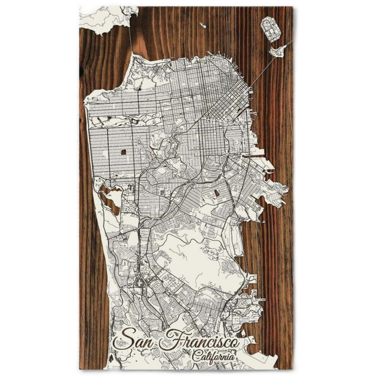 SAN FRANCISCO STREET MAP REAL WOOD WALL PANEL