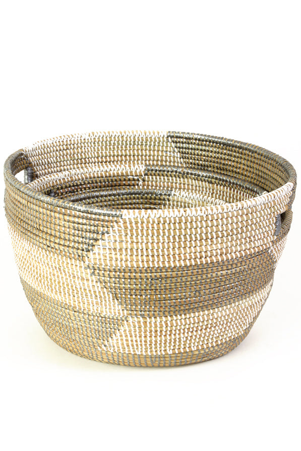 SILVER & WHITE HERRINGBONE NESTING BASKET SET (SENEGAL)