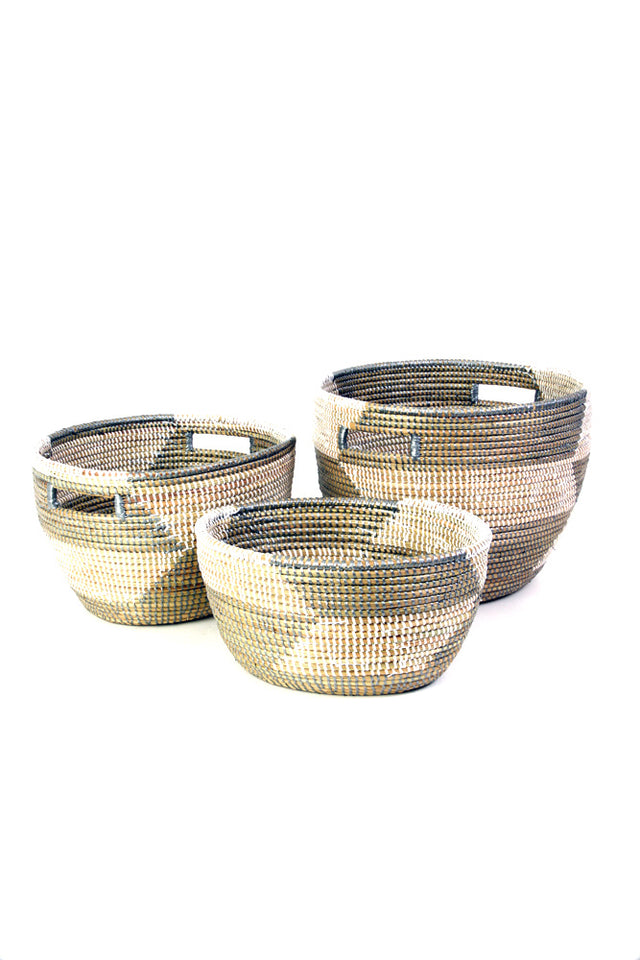 SILVER & WHITE HERRINGBONE NESTING BASKET SET (SENEGAL)