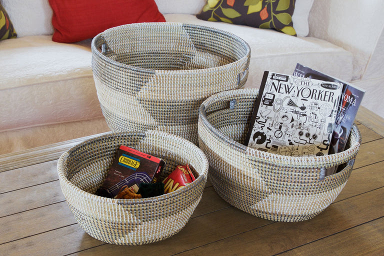 SILVER & WHITE HERRINGBONE NESTING BASKET SET (SENEGAL)