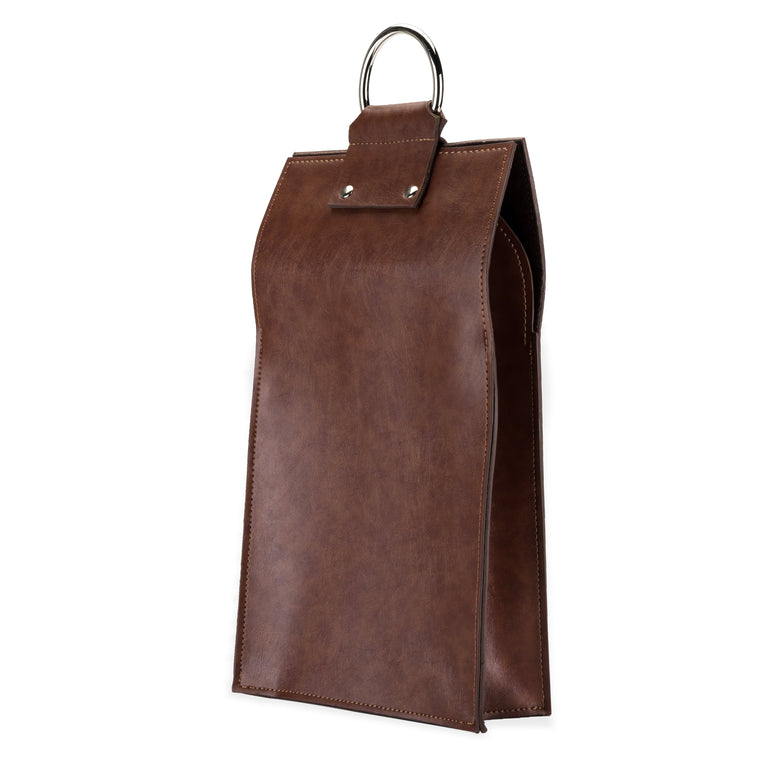 BROWN FAUX LEATHER DOUBLE-BOTTLE WINE TOTE